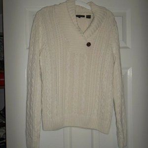 Jeanne Pierre Womens 100% Cottom Cable Knit Shawl neck Cream Sweater M